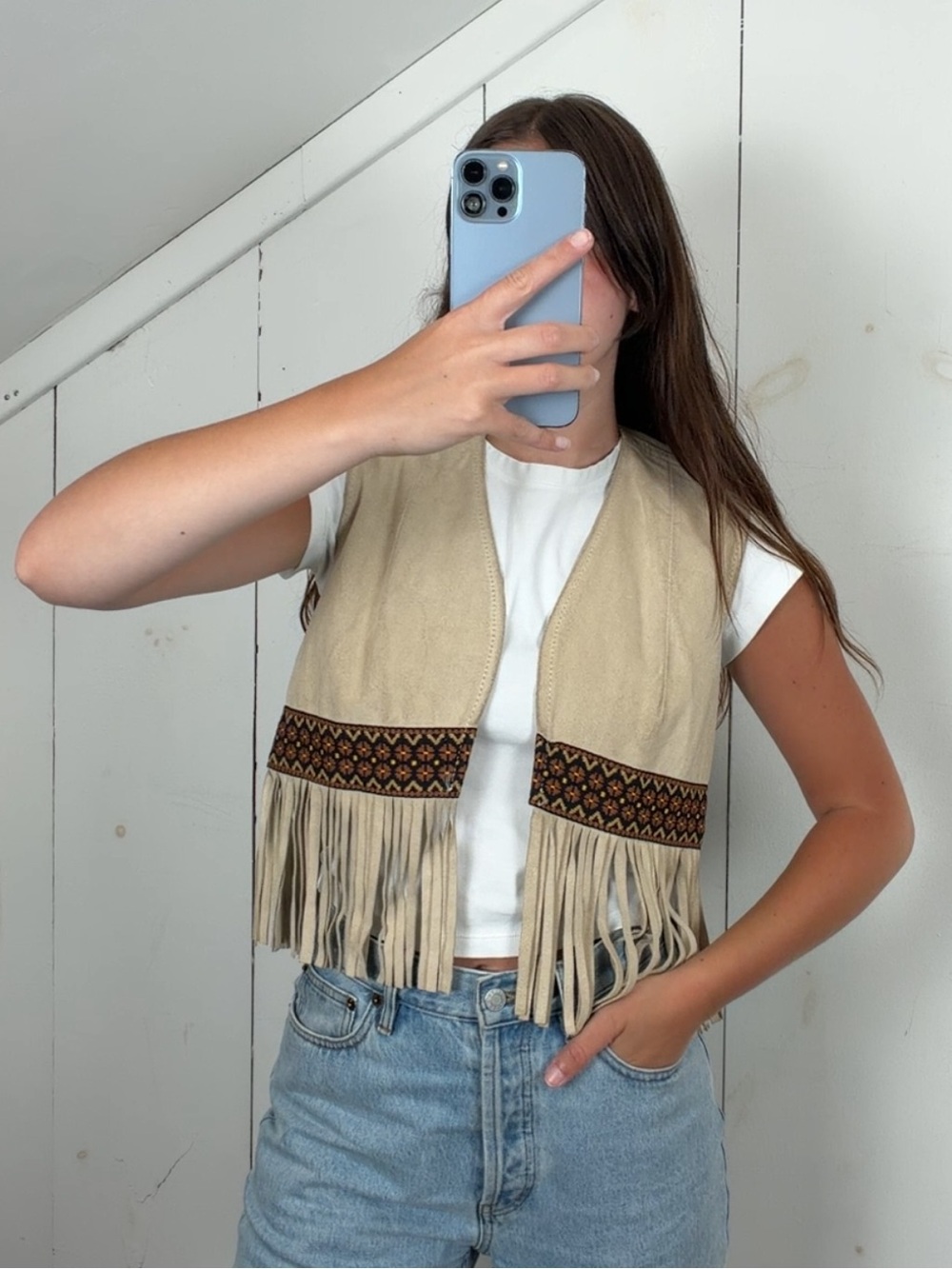 Vintage Cream Suede Leather Fringe Vest‎ Women’s 8 S/M Western Embroidered Trim